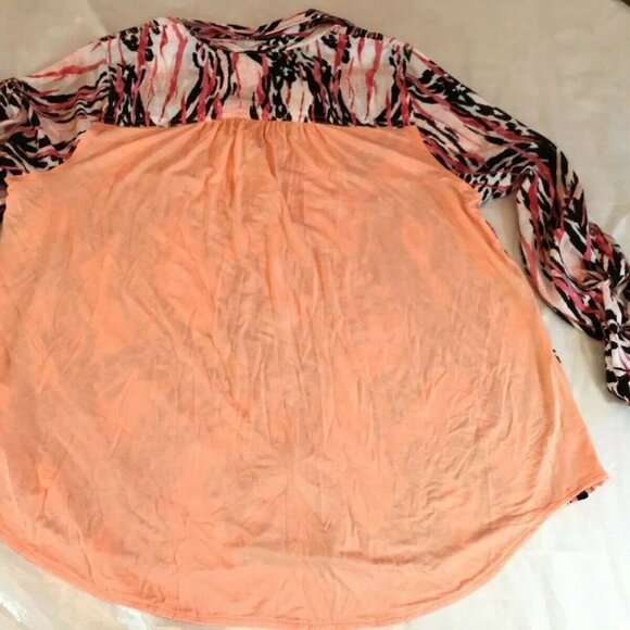 New Directions Womens Button Up Top Blouse Roll Up Sleeves Peach Paisley SZ PXL - Picture 11 of 16